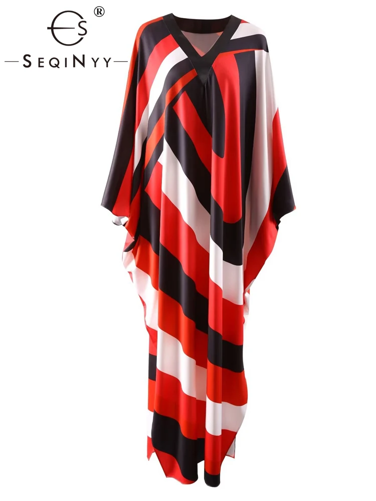 

SEQINYY Elegant Long Dress Summer Spring New Fashion Design Women Runway High Street V-Neck Batwing Sleeve Striped Loose