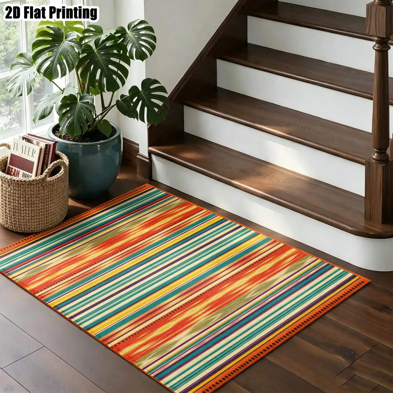 1Pc 2D Printed Colorful Geometric Stripe Pattern Nordic/Vintage/Bohemian Carpet: Multi-Size, Machine Washable, Ideal for Home Decoration, Entrance/Dining Room/Foyer/Bedroom/Living Room