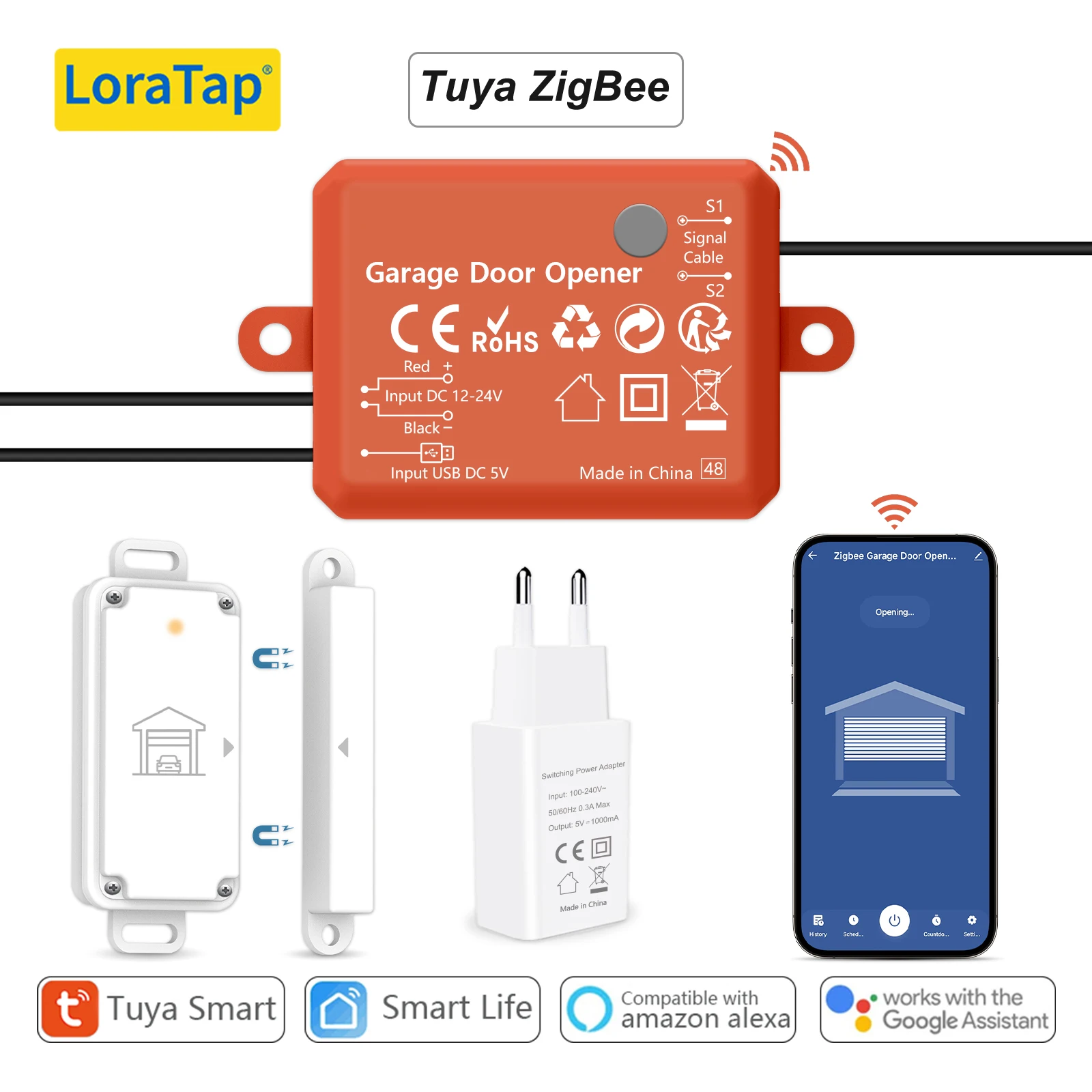 Tuya ZigBee 3.0 Garagentor-Funksensor, Öffner-Controller, Schaltersteuerung durch Smart Life, funktioniert mit Google Home Echo Alexa