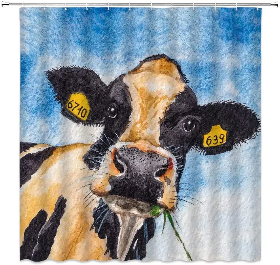 Farm Cow Shower Curtain Watercolor Cattle Funny Animals Country Farmhouse Style Kids Fabric Bathroom Decor Curtains Sets Hooks