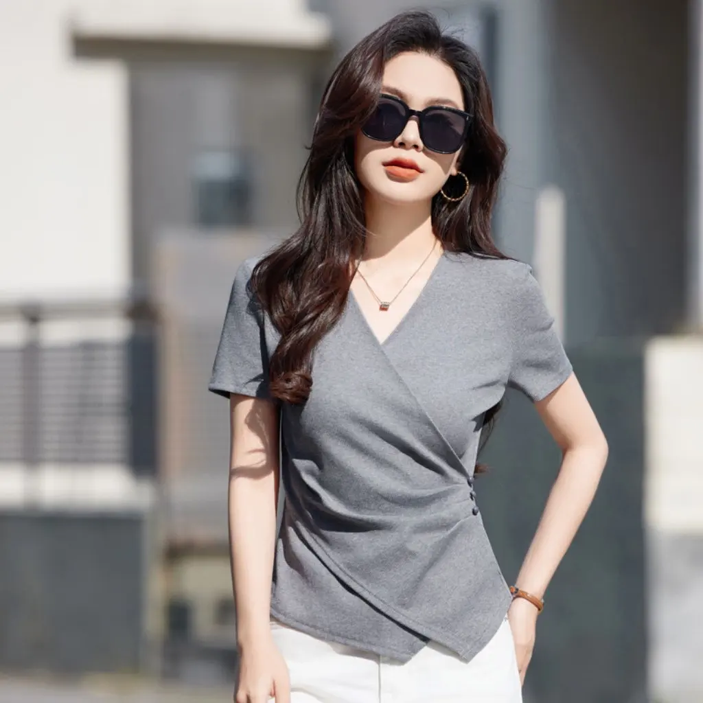 

Summer Women's V-Neck Short-Sleeved T-Shirt Slim Fit Base-Layer Top Covering Belly Western Style Small Shirt for Women