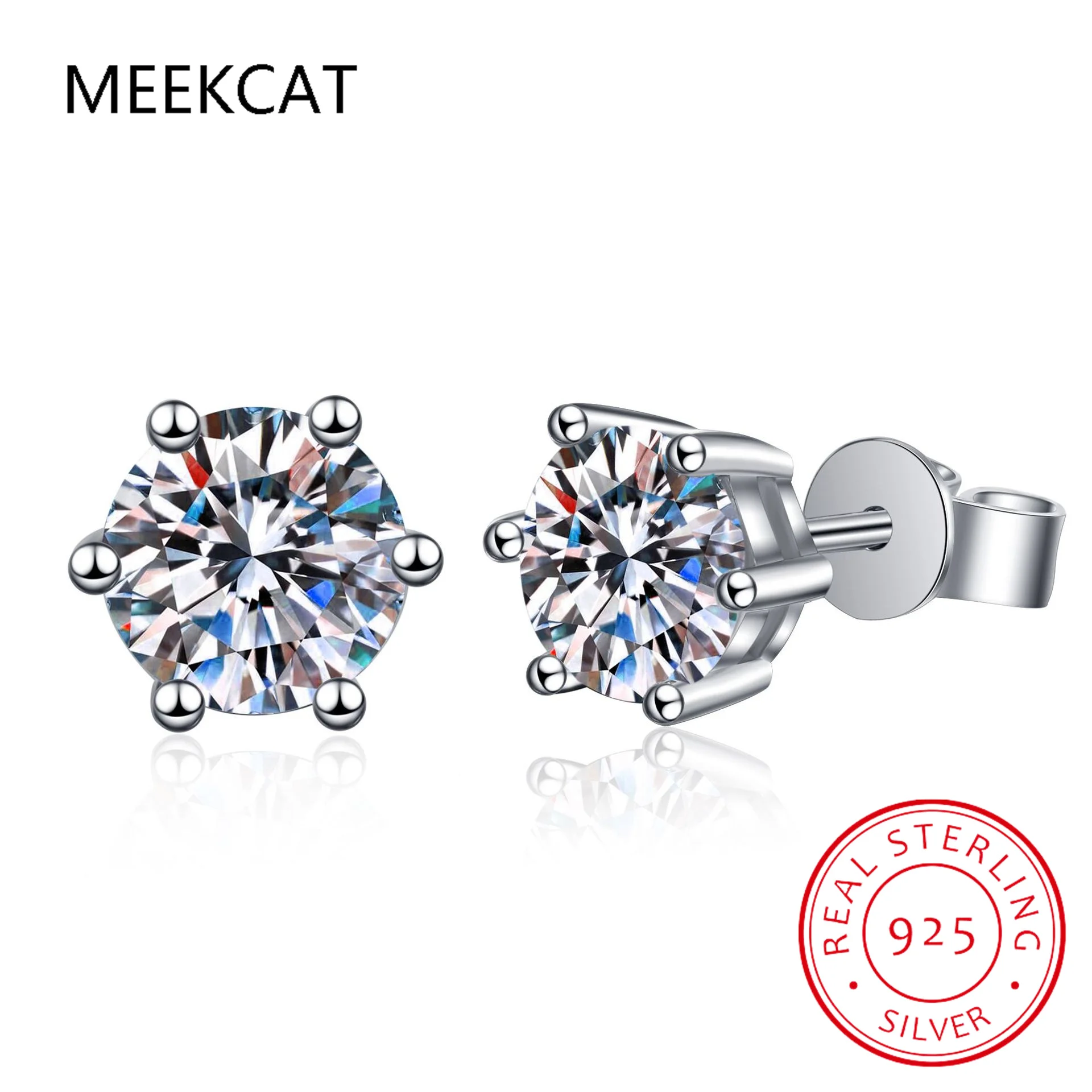 Moissanite Stud Earrings 14K White Gold Plated Sterling Silver D VVS1 Lab Diamond 6 Claws Round Ear Studs For Women