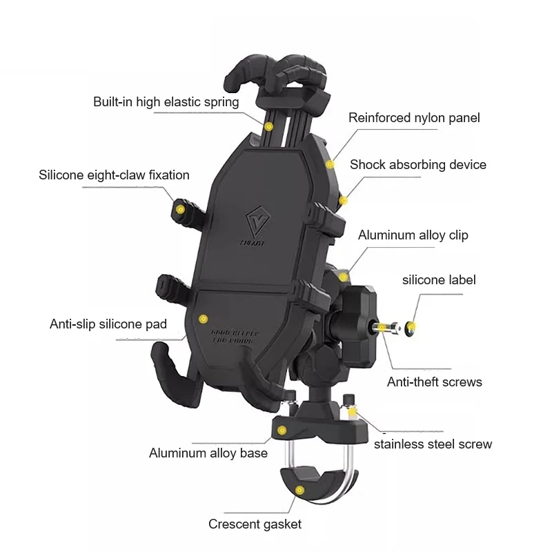 Motorcycle Phone Holder with Shock Absorber Bike Handlebar Rearview Mirror Mount Stands GPS Clip for 4.7-7.2 inch Mobile Phone