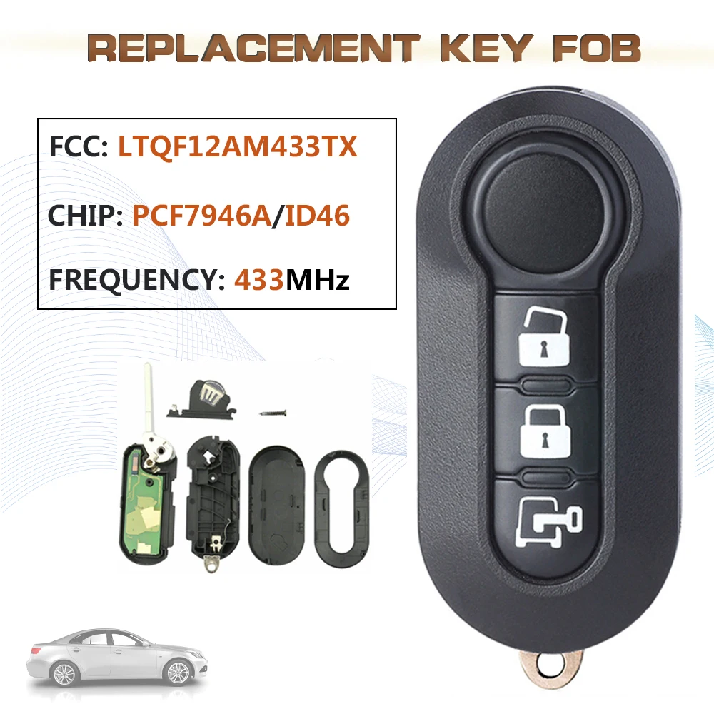 KEYECU 433MHz FCC:LTQF12AM433TX 3 Button Flip Remote Key for Fiat 500 Dodge Ram Promaste 2015 2016 2017 2018 Delphi BSI