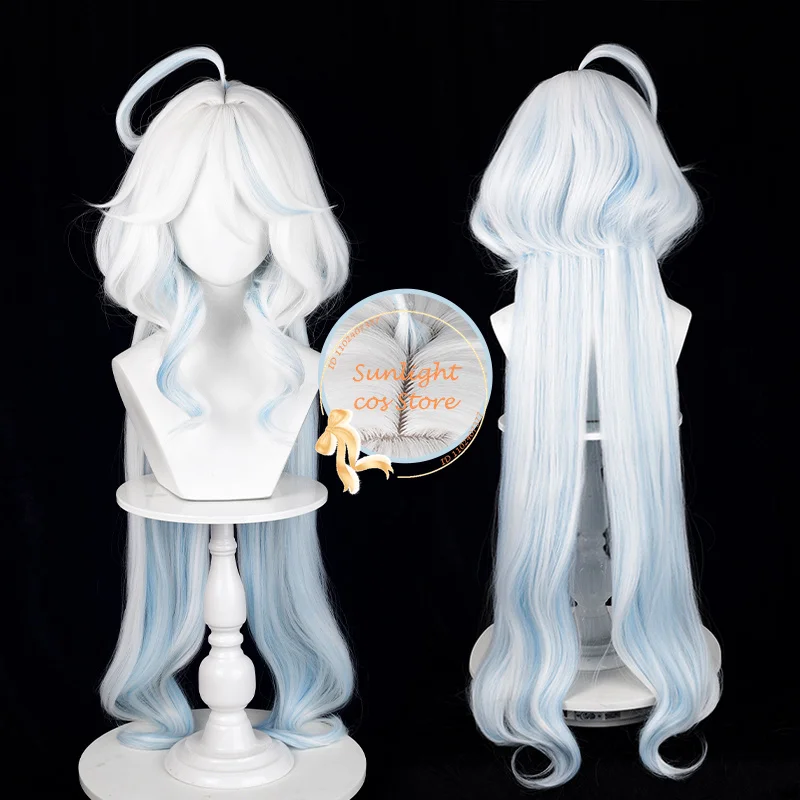 Fontaine Focalors Anime Cosplay Perruque pour Femme, Perruques sulfBouclées Bleues et Blanches, Degré de Chaleur, Perruques d'Halloween, Haute Qualité