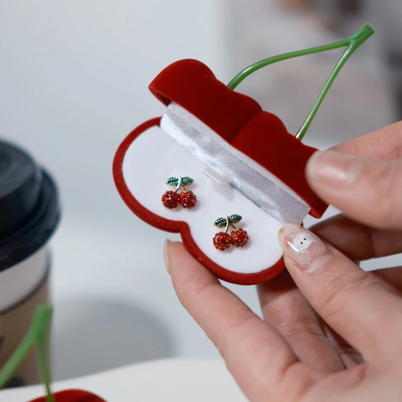 Portable Cherry Jewelry Box Earrings Necklace Packing Box Flocking Organizer Case Jewelry Display Case Valentine Day Gift Box