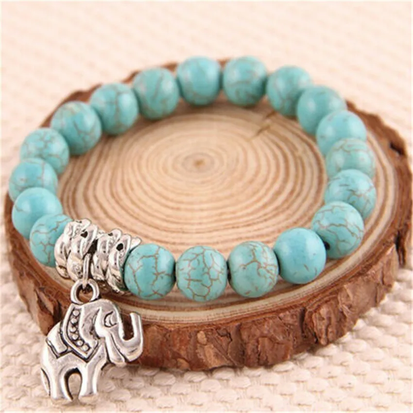 

8mm Blue Turquoise Stone Silver Elephant Beaded Charm Bracelet Stackable Women Unique Charm Men Artisan Mala