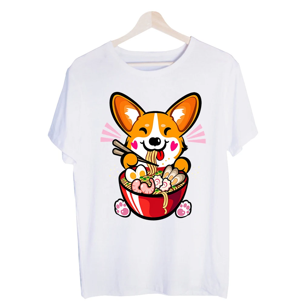 Men's Corgi Eating Ramen Graphic Tee, Short Sleeve Crew Neck T-Shirt for Casual Daily Wear and Foodie Outfits