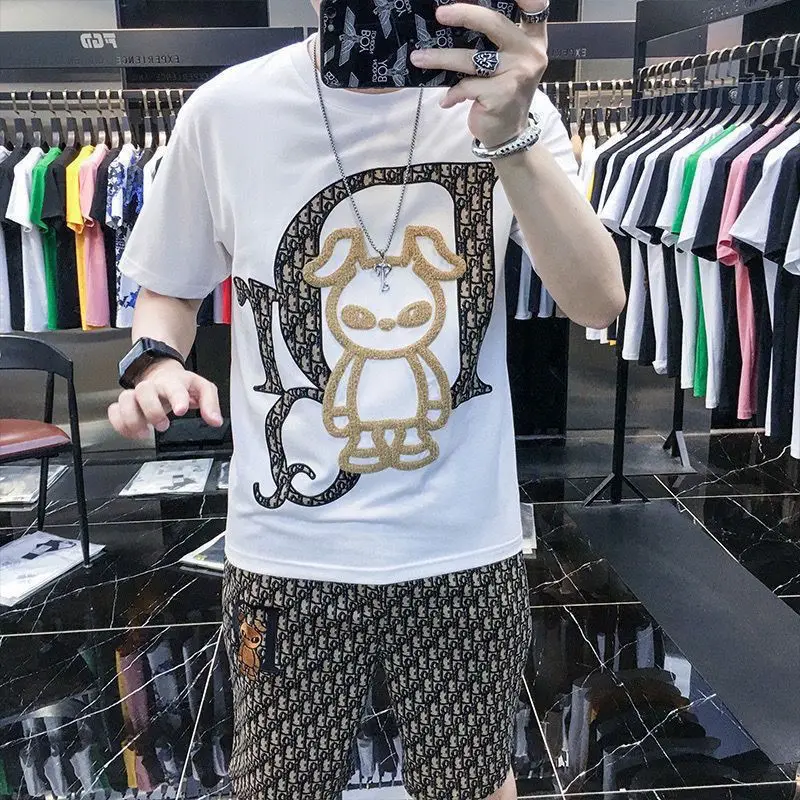 Summer Men\'s Casual Suit Crewneck Cartoon Animal Print Short-sleeved T-shirt Fashion Trend Shorts Two-piece Set