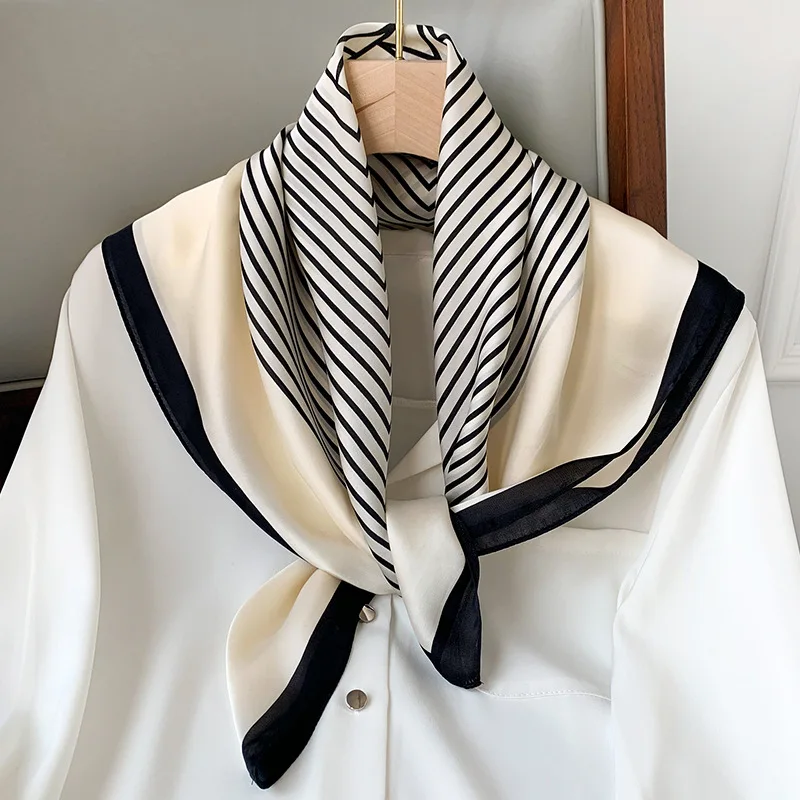 New Luxury Brand Silk Square Plaid Scarf Women Satin Neck Hair Tie Band Soft Work Neckerchife 2024 Hijab Head Female Foulard