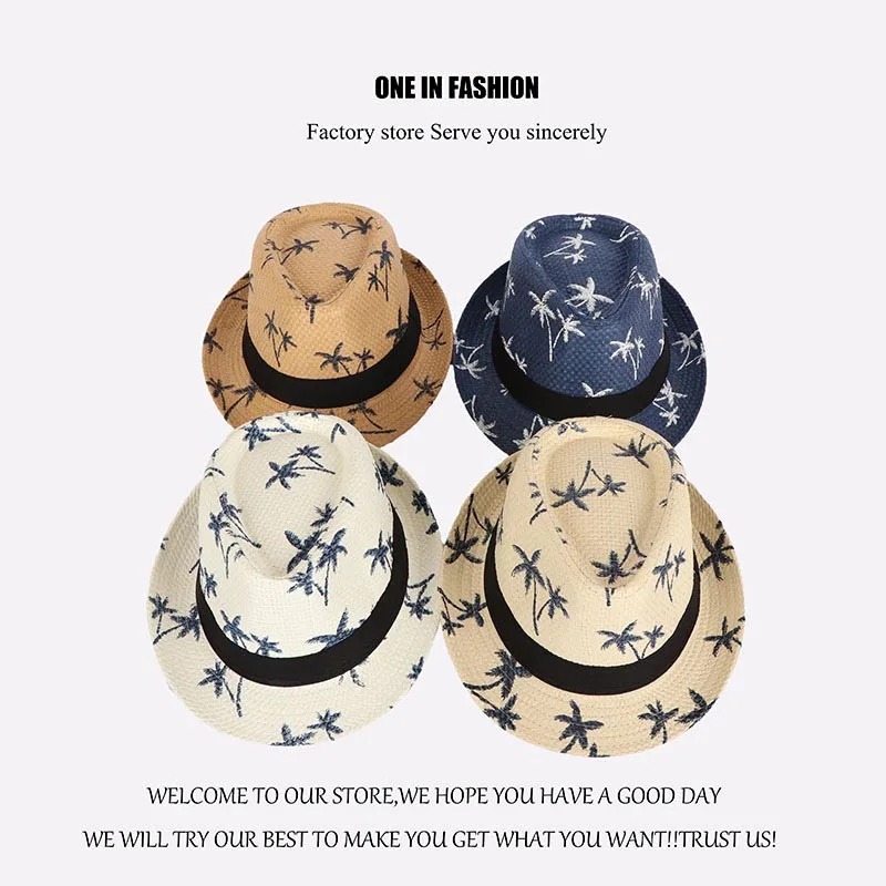 Linen Woven Jazz Straw Hat Men And Women Models Coconut Tree Pattern Sun Hat Summer Beach Travel Sunscreen Ribbon Hat