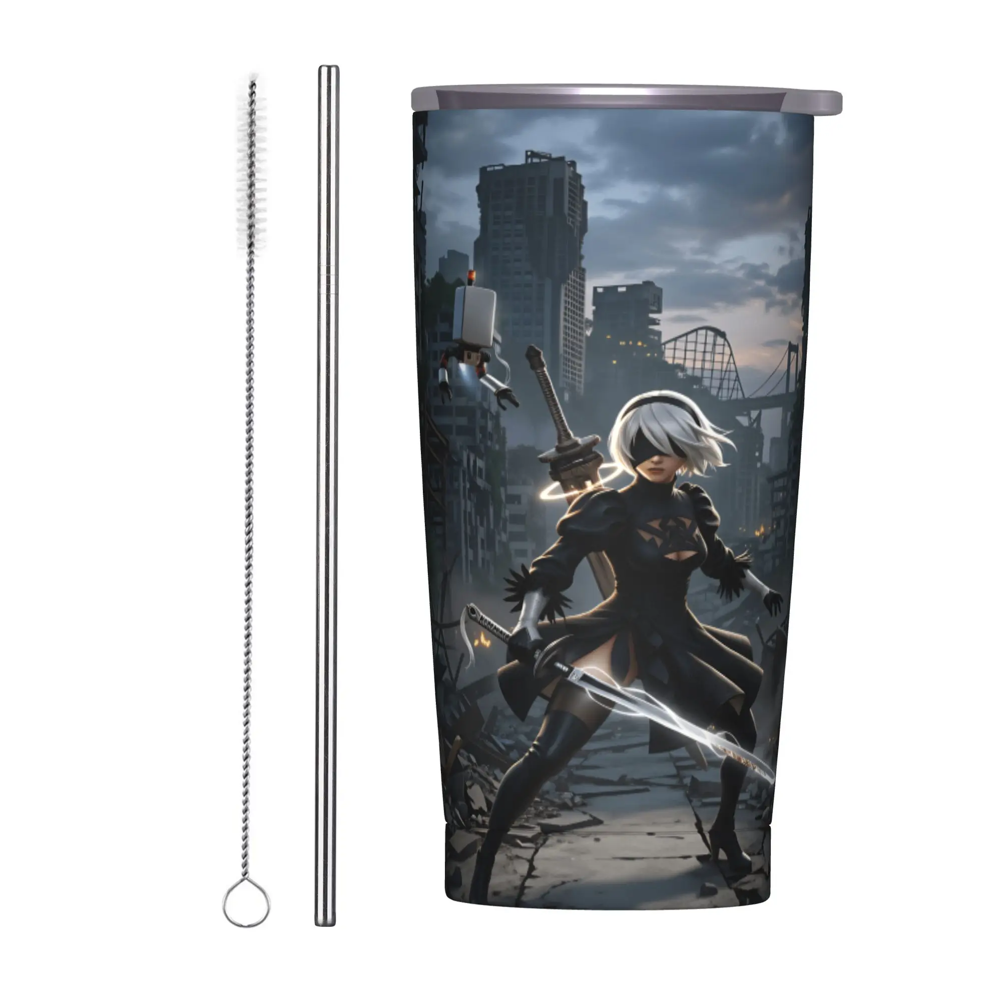 Game N-Nier Automata Tumbler  Cold and Hot Water Bottle Portable Stainless Steel Thermal Cups Graphic Beach Mugs Cup