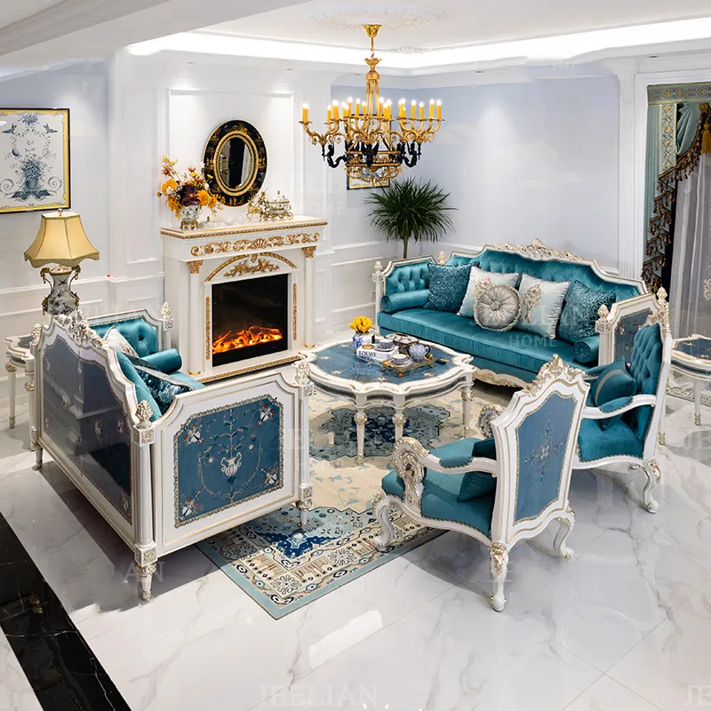 French luxury heavy industry veneer shell parquet sofa living room engraved blue furniture combination  customizatio