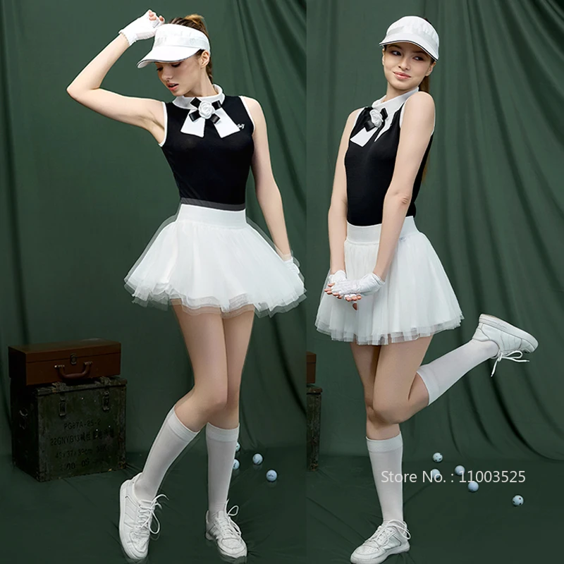 

MG New Women Golf Sleeveless Vest Top Bowknot Stand Collar T-shirt Ladies Lace Pleated Tutu Skirt A-lined Tennis Bud Skorts