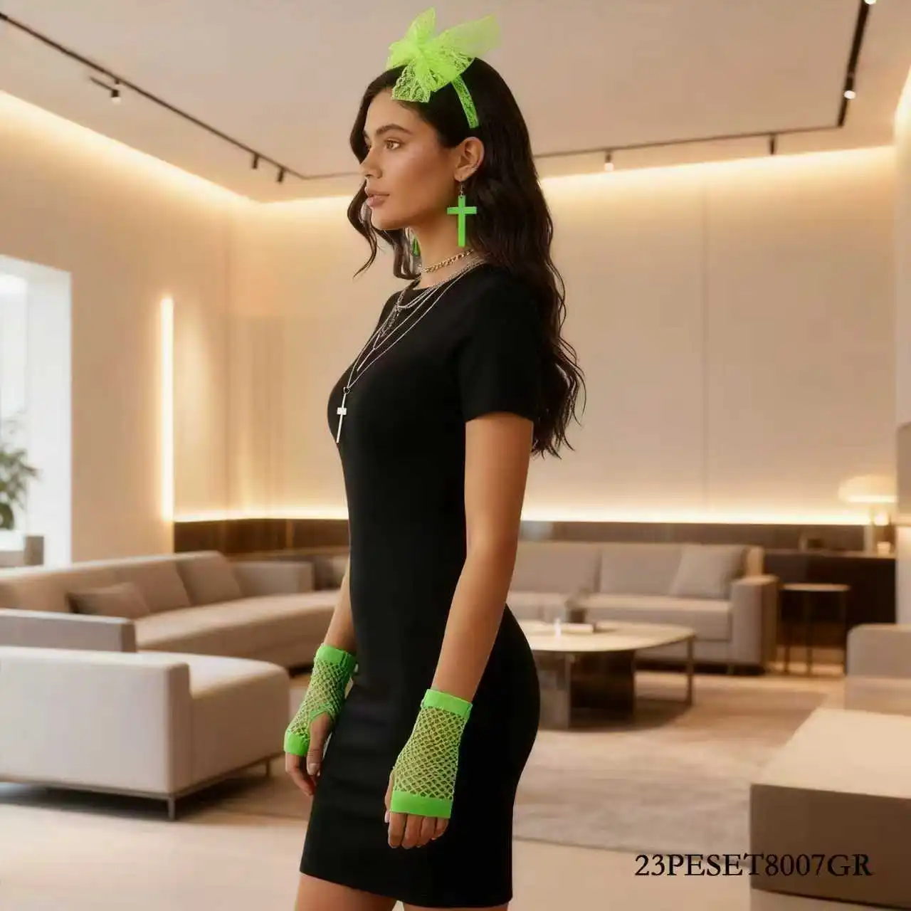 PESENAR personagem dos anos 80 vestir-se cabeça verde fluorescente fivela colar brincos pulseira luvas cinco peças