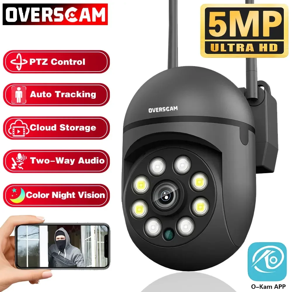 

5MP WIFI Surveillance Black IP Camera Auto Tracking Color Night Vision Mini Outdoor Waterpter PTZ IP Security Camera O-Kam APP