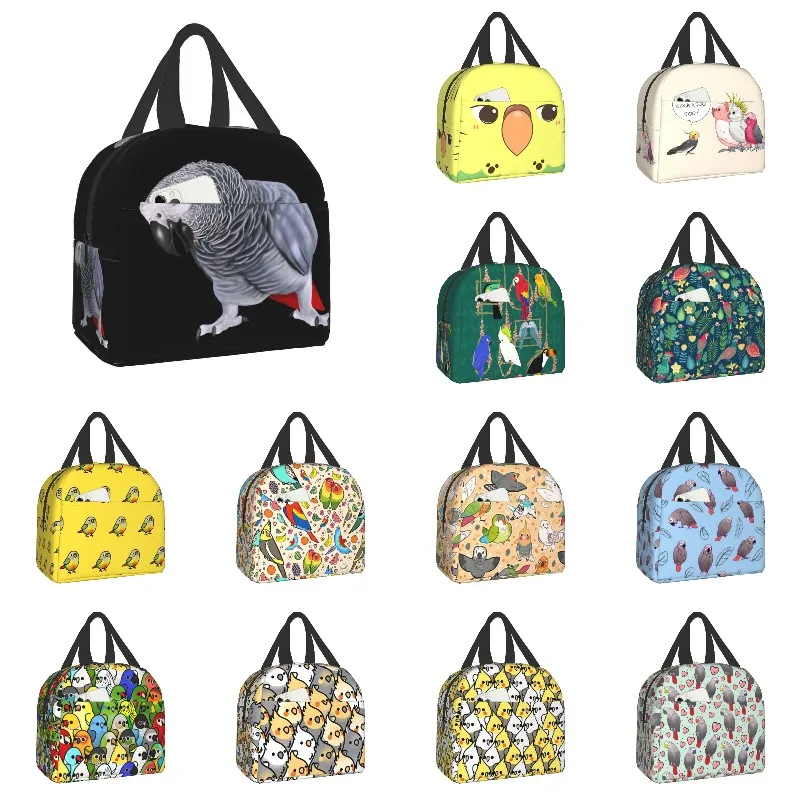 African Grey Parrot Insulated Lunch Bag for Work School Psittacine Bird Portable Cooler Thermal Lunch Box Women Kids Food Bags