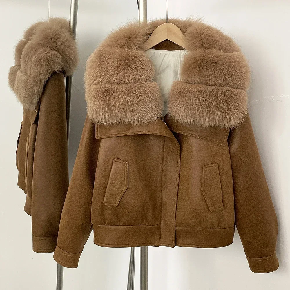 OFTBUY Duck Down Jacket Lady Short White Warm Winter Real Fox Fur Collar Clothing Down Coat Women Suede Fur Puffer Jacket Female