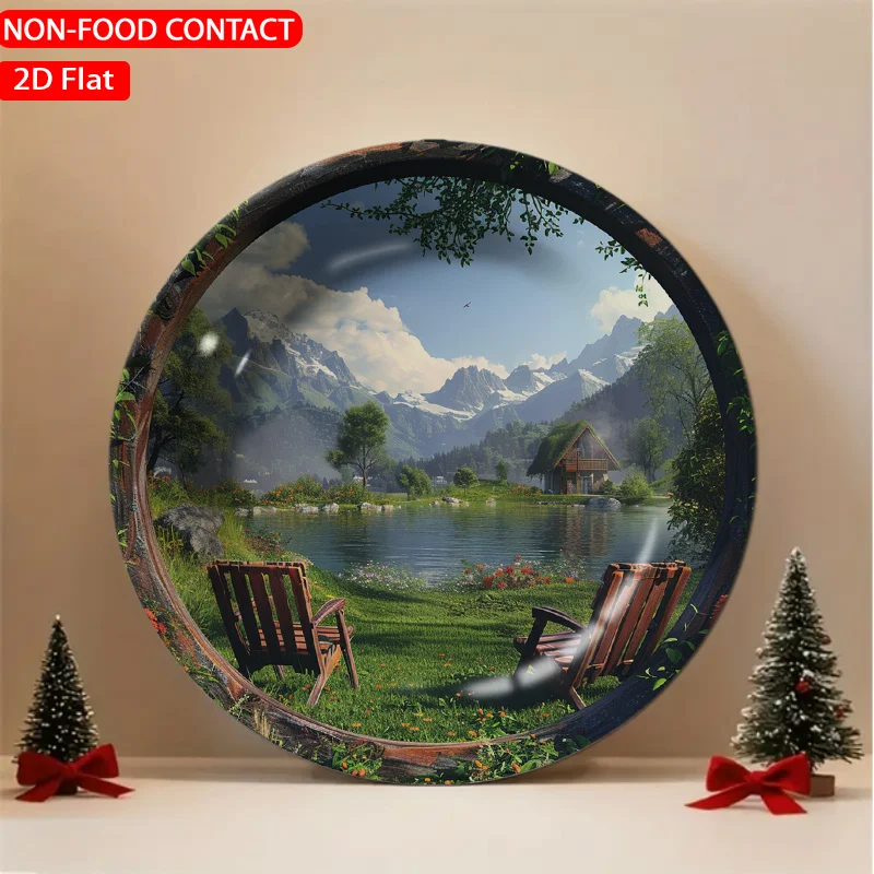 1pc Elegant Green Ceramic Plate - Scenic Mountain Lake with Landscape, Non-Food Contact Suitable for Home Desk Decor, Table