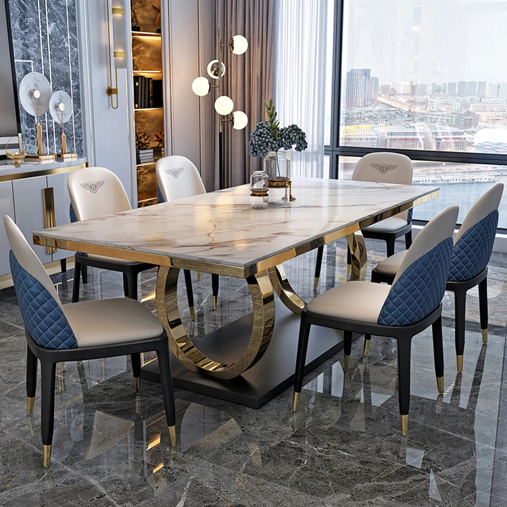 

Home Furniture Luxury Dining Room Set Marble Metal Dining Table with 6 Chairs Made in Foshan Tables and Chairs for Restaurant