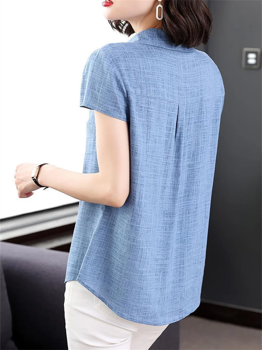 4XL Women Spring Summer Blouses Shirts Lady Fashion Casual Short Sleeve Turn-down Solid Color Blusas Tops TT2137