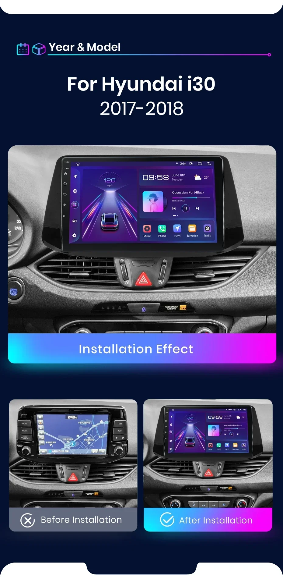 Junsun drahtloses Carplay Android Autoradio für Hyundai i30 Auto intelligente Systeme rds bt dsp 2 din Autoradio – Detail 3