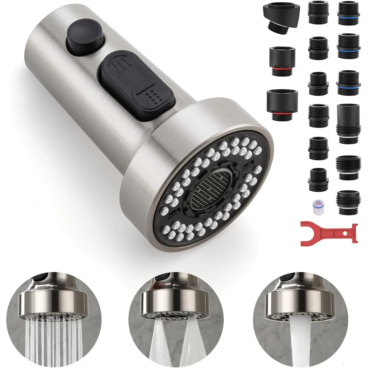 

Pull Down Spray Head Replacement for Kitchen Faucet with 15 Adapters, 3 Function Spray Nozzle, Brushed Nickel