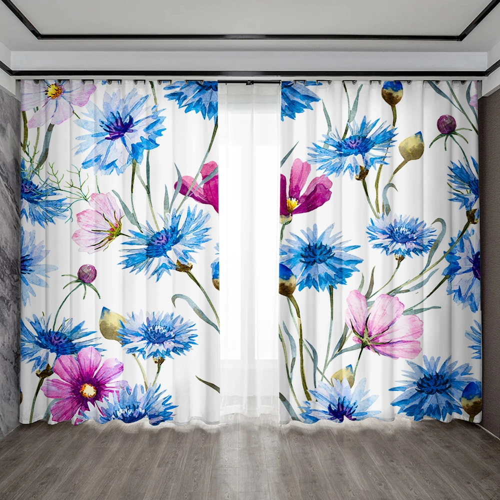 2PC Home Decoration Curtains With Floral Background And Rod Pocket Curtains, Kitchen,Coffee Shop, Living Room, Balcony, Garden