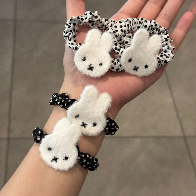 New Kawaii Miffy Cute Plush Headband Cartoon Autumn and Winter Fabric Black and White Polka Dot Hair String Girl Gift