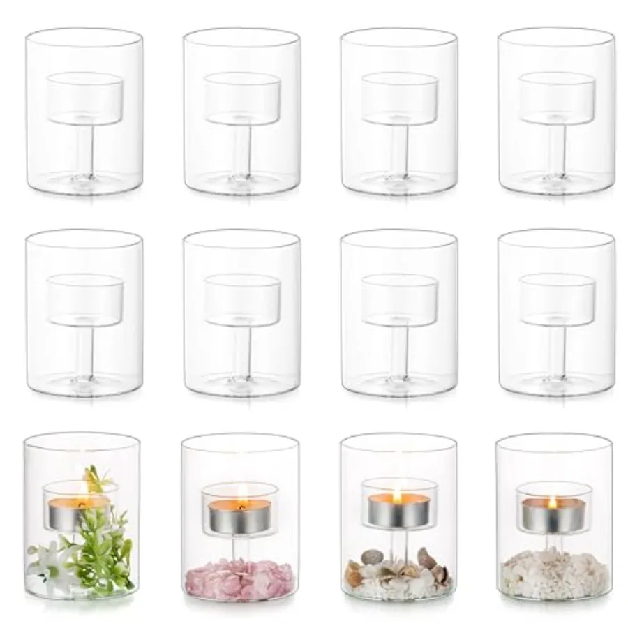 

Tea Lights Candle Holder: Set of 12 Decorative Modern Clear Glass Cylinder Candle Holders for Table Wedding Centerpiece Birthda