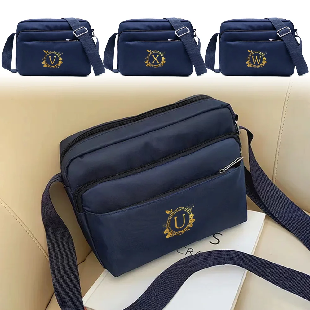 Wreath Letter Series Pattern Large Capacity Travel and Commuting Storage Bag Multi-layer Blue One Shoulder Crossbody Bag