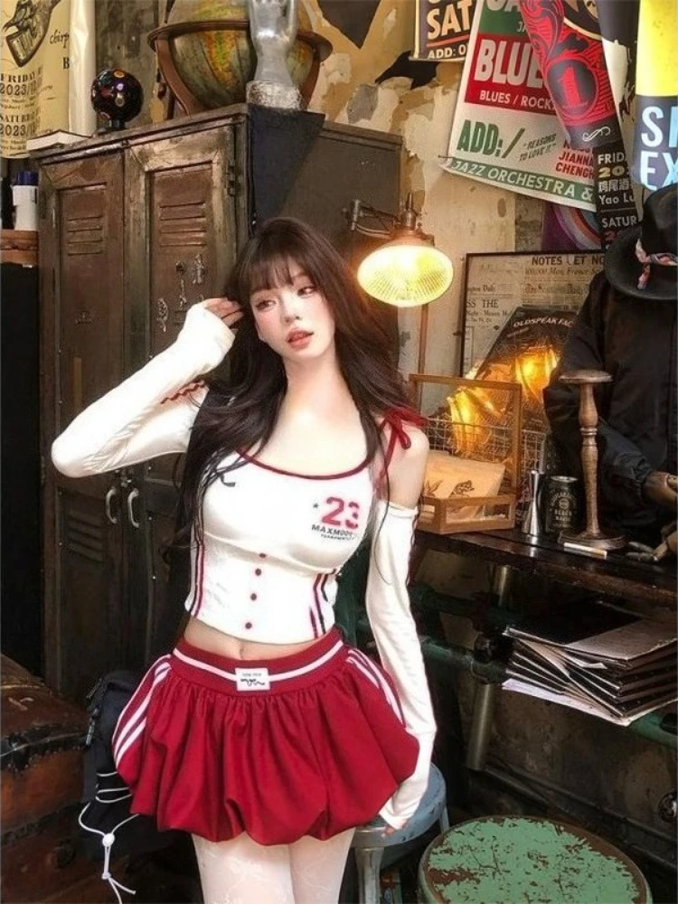 American Vintage Preppy Style 2 Piece Skirt Sets Y2k Sexy Long Sleeve Crop Top Blouse + Casual Slim Mini Skirts Sweet Suits Chic view 5