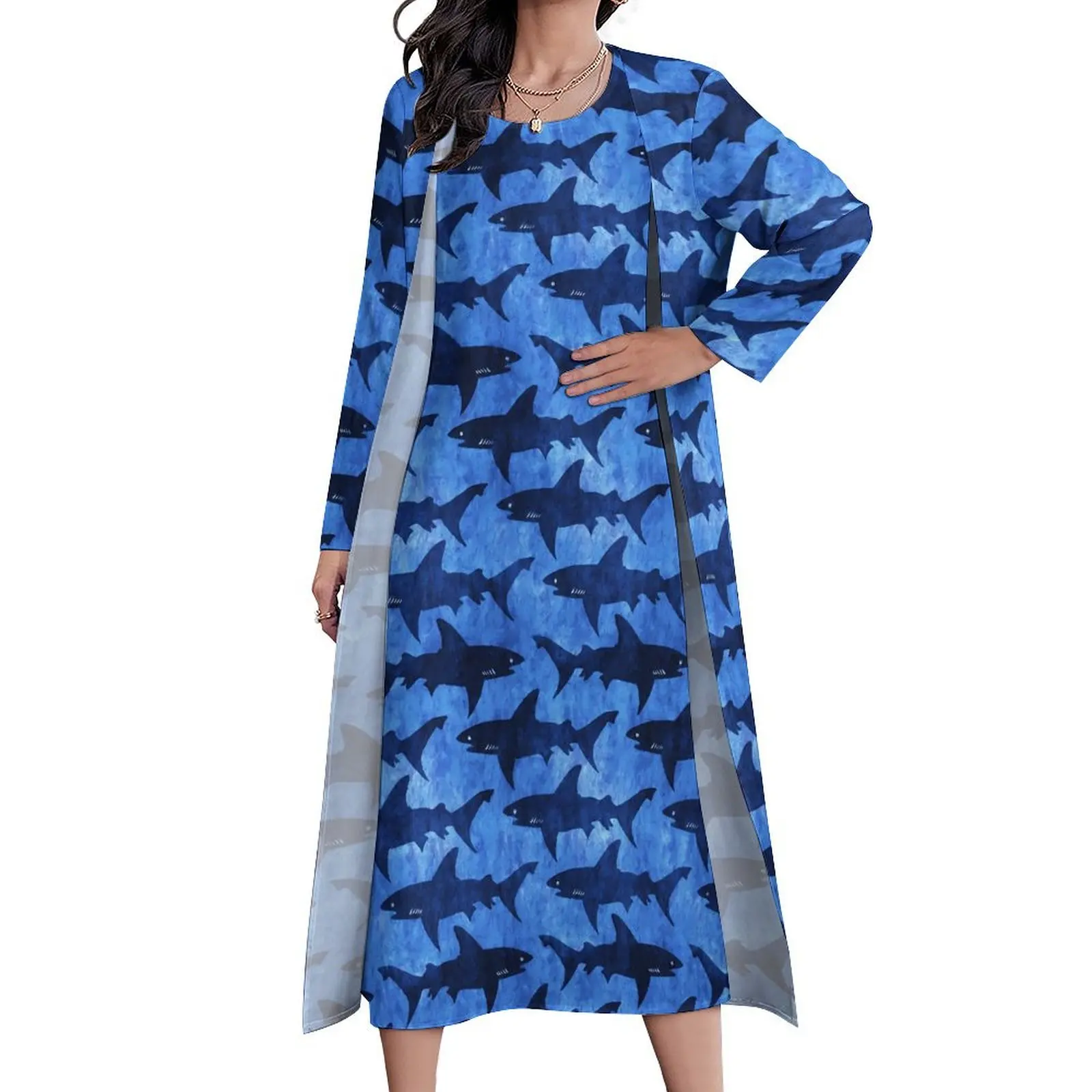 Blue Sharks Dress Animal Print Vintage Maxi Dress Two-Piece Design Boho Beach Long Dresses Streetwear Big Size Clothes