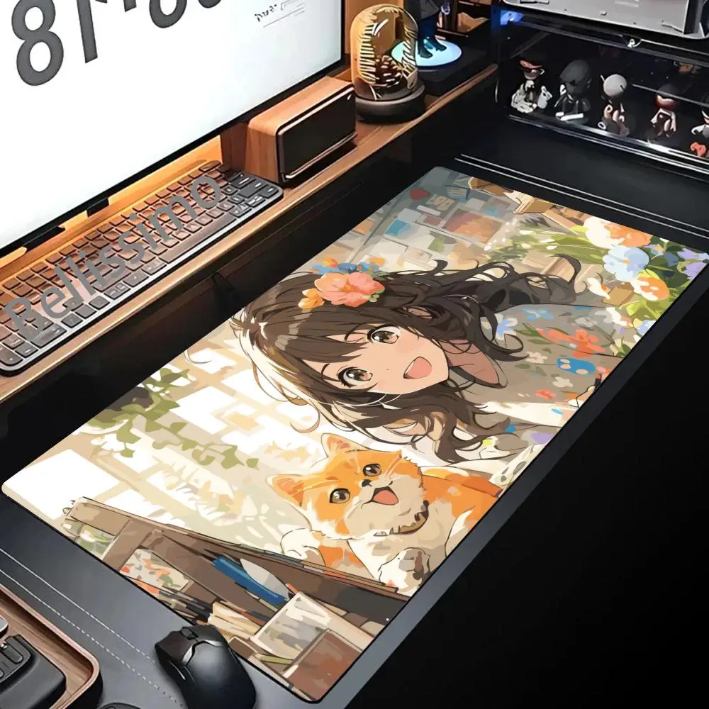 

Girls and Cat Xxl Mouse Pad 900x400 Kawaii Anime Girl Deskmat Pc Gaming Accessories Computer Offices Non-slip Mousepad Keyboard