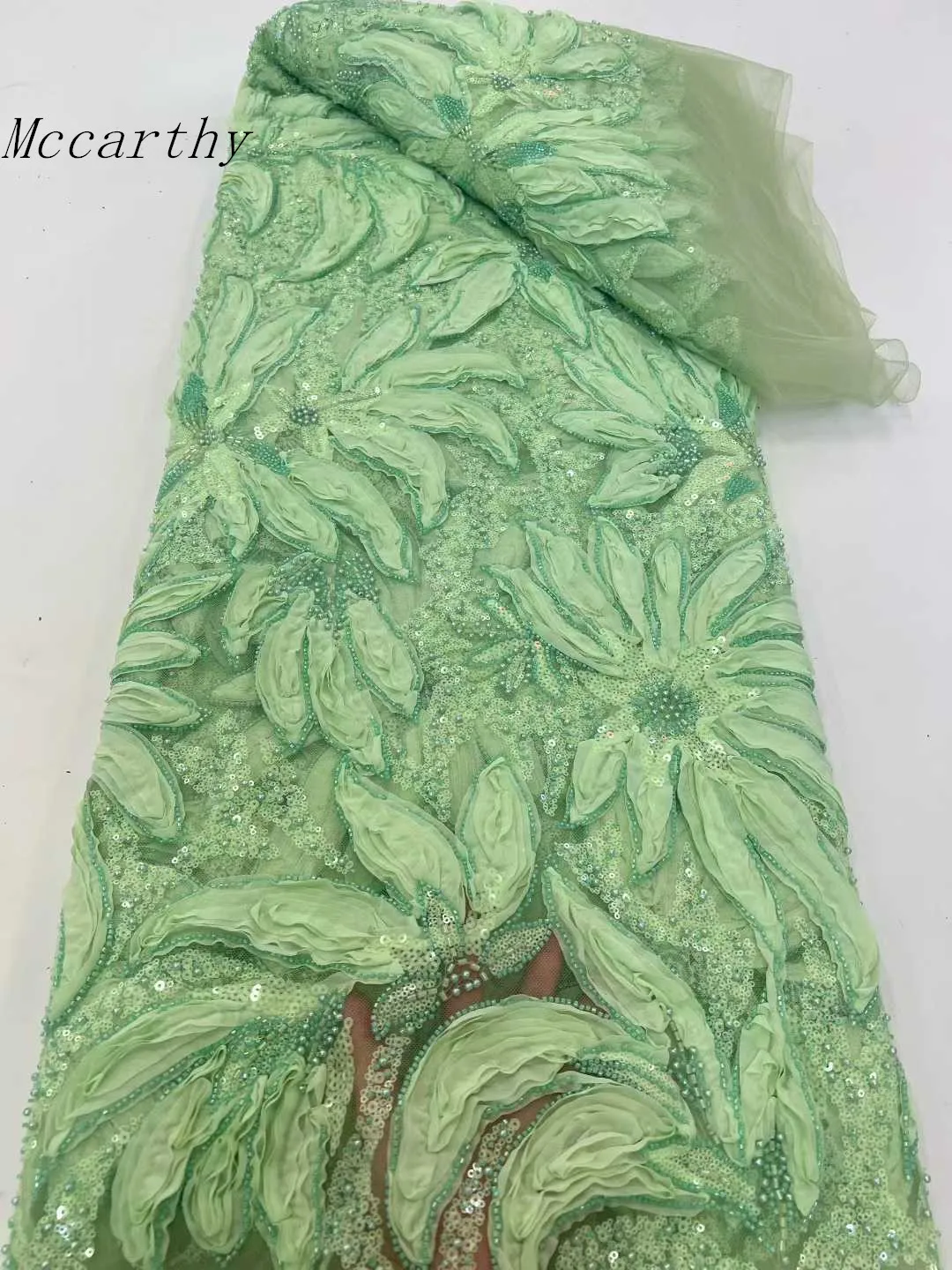 

African 3D Flowers Sequin 2026 Latest Hot On Sale African French Party Lace Fabric Tulle Nigerian Beads Fabric For Wedding Dress