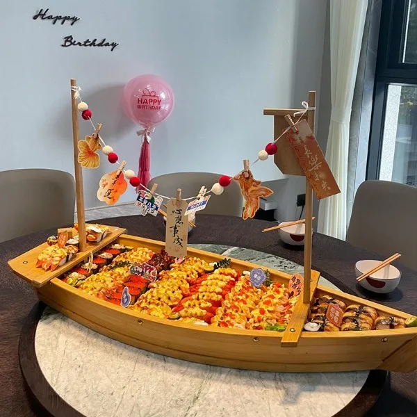 2026 New Bamboo Dragon Sushi Boat Platter Dry Ice Seafood Serving Tray for Restaurant Buffet Display