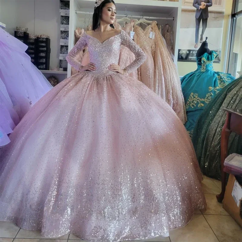 Angelsbridep Customized Glitter Light Pink Ball Gown Quinceanera Dresses 2025 Sweet 16 Dress Vestidos De 15 Anos Long Sleeves