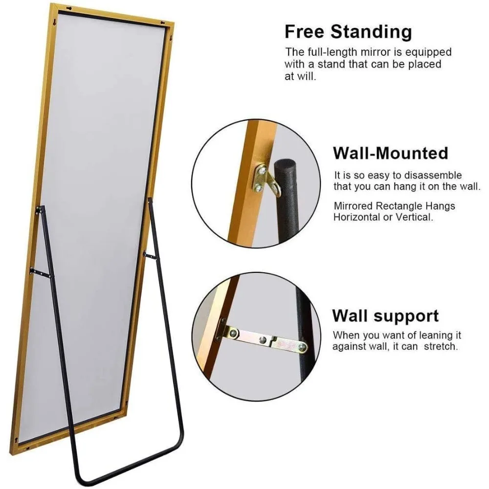 Espelho de parede de comprimento total com suporte, 70x26, ideal para quarto e sala de estar, uso versátil de suspensão ou permanente