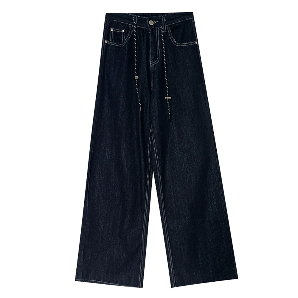 

Vintage Black Denim Pants Designer Lace-up Sashes Wide Leg Jeans Female Summer Autumn Casual Loose Versatile Solid Long Trousers