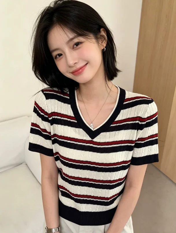 French Style Slim Fit Short Sleeve V-Neck Striped T-Shirt Women's Summer Knitted Top Color Block Stripe Design Versatile Shirt