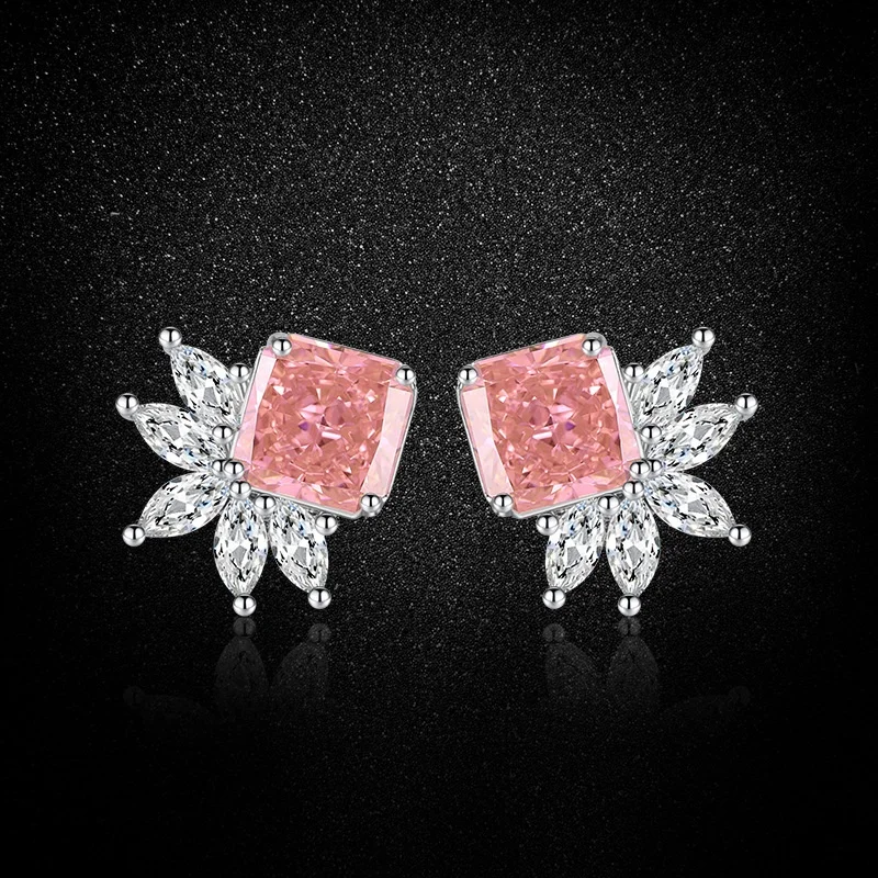 Gorgeous 925 Sterling Silver Pink Sapphire Firworks Climber Earring Artistic Flower Pink Diamond Ear Studs High Jewelry Replica