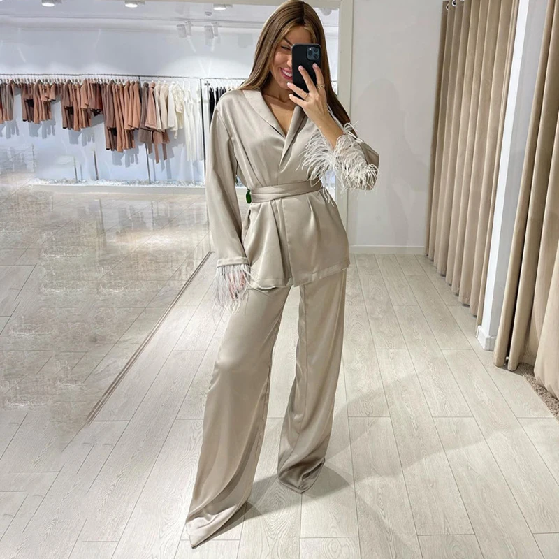 Causal Loose Home Suit Autumn Fashion Khaki Satin Wide Pants Set Elegant Long Sleeve Lace-up Robes Two Piece Set Womens Outfits