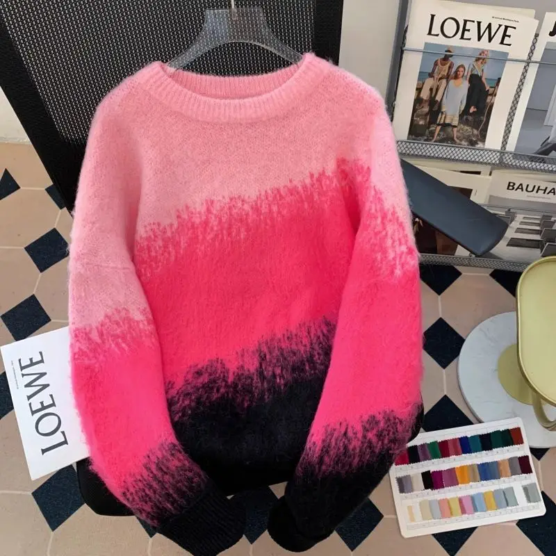 Jesień Zima Nowy Okrągły Dekolt Długi Rękaw Modny Sweter Damski High Street Gradient Casual Pullovers Elegancki Szykowny Top All-match