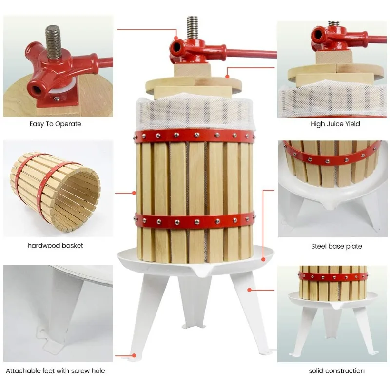 6L Manual Basket Fruit Press 1.6 Gallon,Grape Juice Squeezer, Household Fruit Wine Making Machine