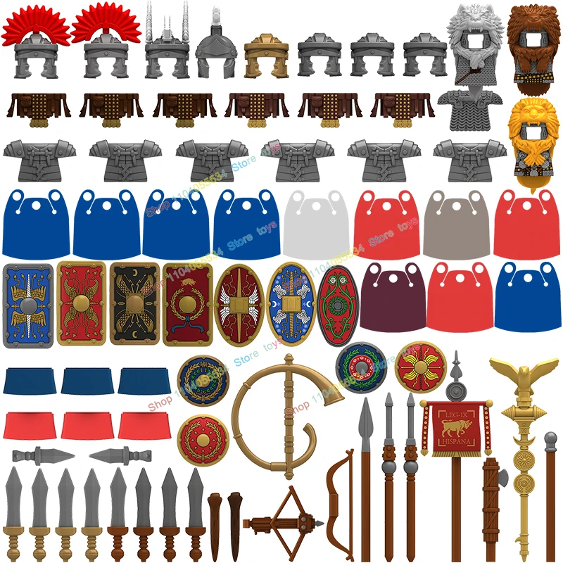 N826-828 soldados romanos, accesorios medievales de infantería pesada, bandera, casco de León, figuras de acción, bloques de construcción, muñecas, juguetes, regalos