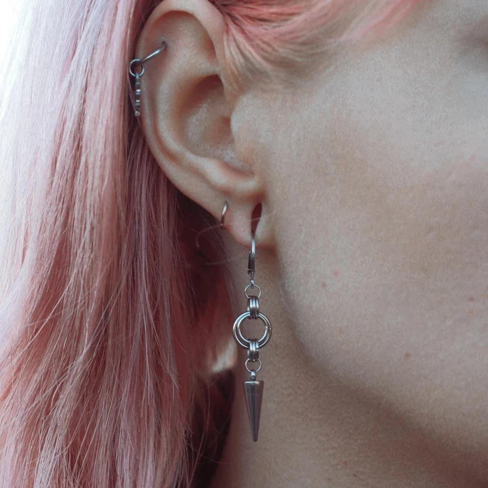 Stainless Steel Stitching Hoop Rivet Drop Earrings for Women Y2K Grunge Gothic Dangle Earrings Korean Fashion Earrings Jewelry