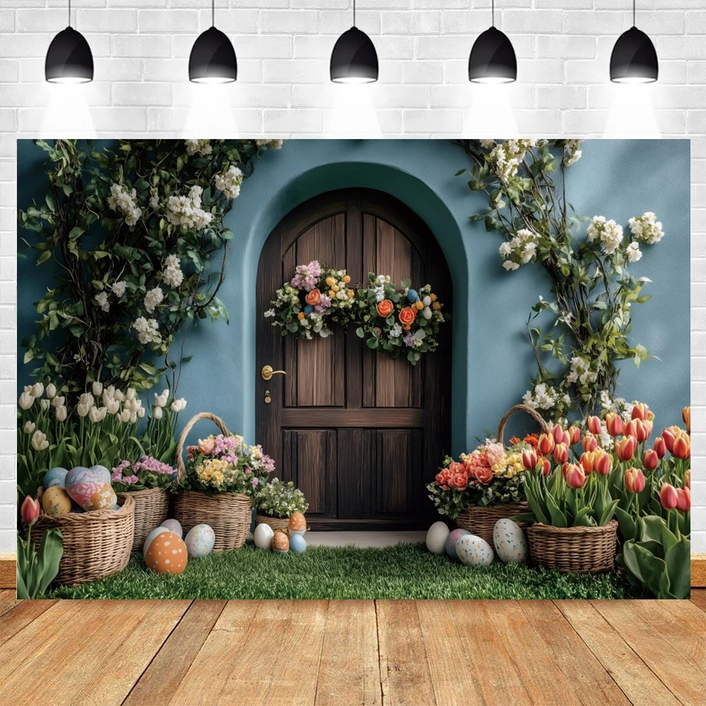 Retro Easter Photography Background Wooden Door Flower Floral Eggs Party Decor Kids Portrait Backdrop Photobooth Studio Props