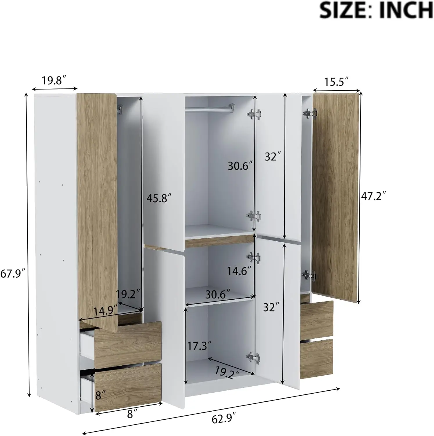 6-Doors Wooden Wardrobe Storage Shelves And Hanging Rail For Clothes For Bedroom, With 4 Drawers, White+Nature