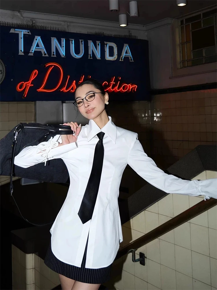 

Ele Simple White irt Pad oulder Women's Slim Fit Autumn Winter New Sle High-End Sensation Tie Waist Slimming Versat...