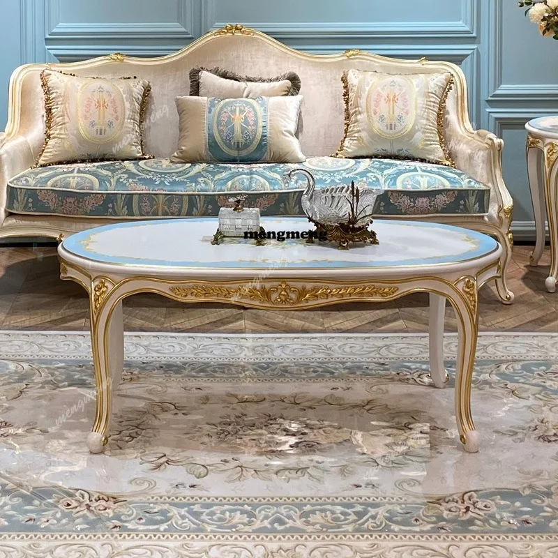 Art hand-painted flower blue and white coffee table European solid wood sticker gold foil living room tea table